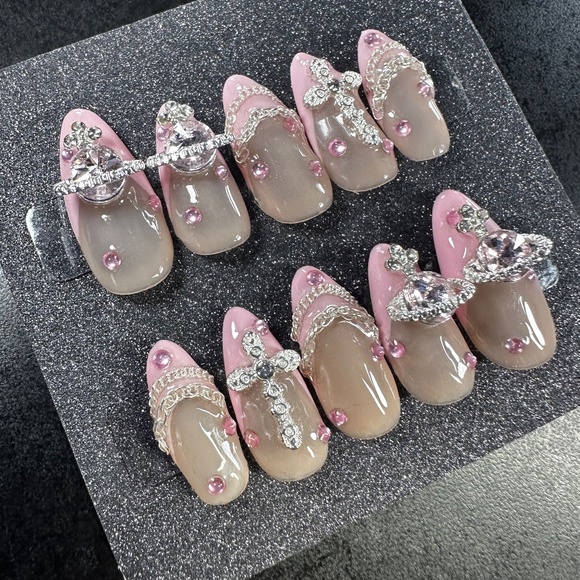 Medium almond pink French tip with gems handmade press on nails - Picture 2 of 5